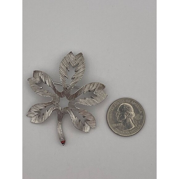 Vintage Trifari Brooch Textured Silver Tone Flower Leaf - Picture 7 of 7